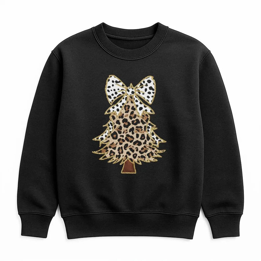 Leopard Print Christmas Tree Sweatshirt | Trendy Holiday Bow Design | Premium Soft Fleece | Cute Women’s Christmas Gift For Holiday Parties
