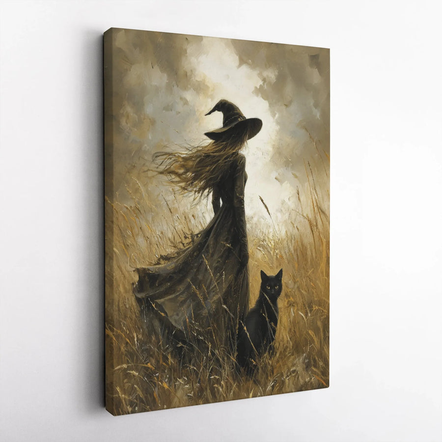 Witch And Black Cat Canvas Wall Art | Gothic Fantasy Field Portrait | Premium Gallery Wrapped Decor | Spooky Witchy Home Decor Gift