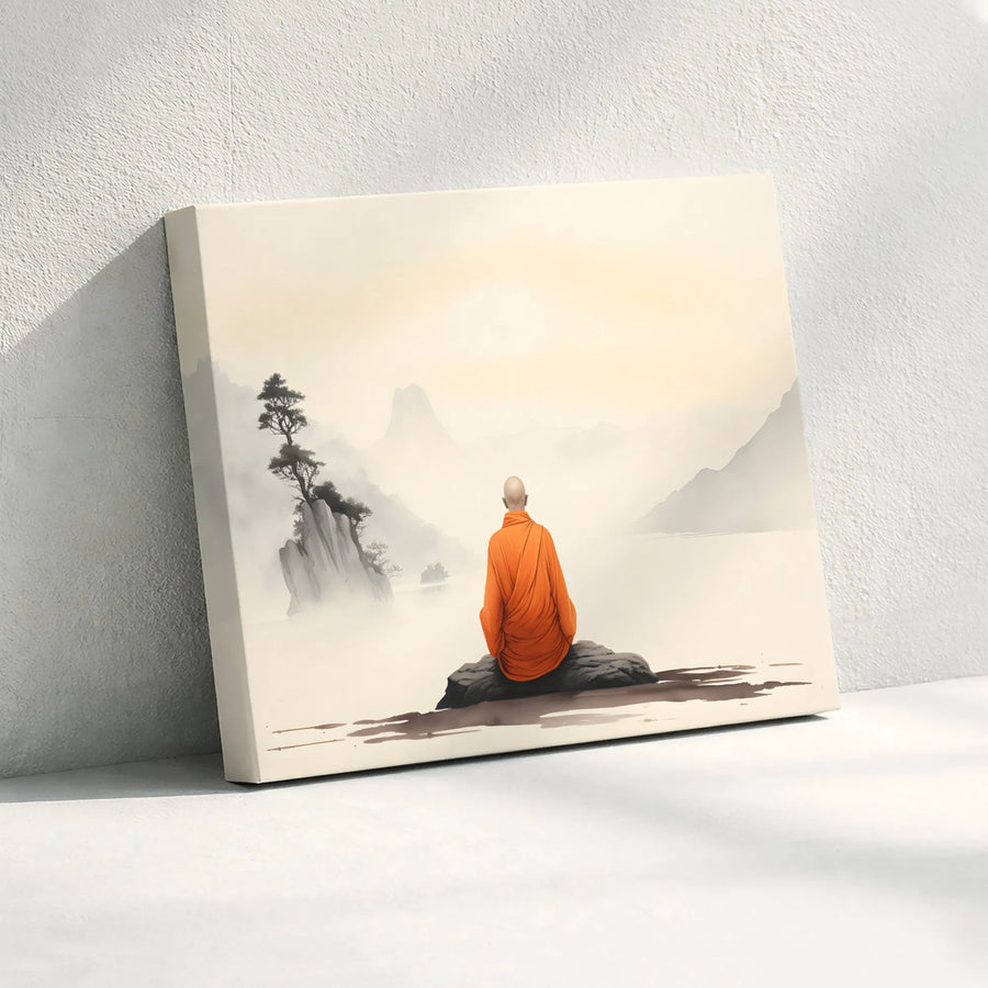 Meditating Monk Canvas Wall Art | Zen Buddhist Landscape Print | Premium Gallery Wrapped Decor | Spiritual Meditation Room Gift for Yoga Lovers