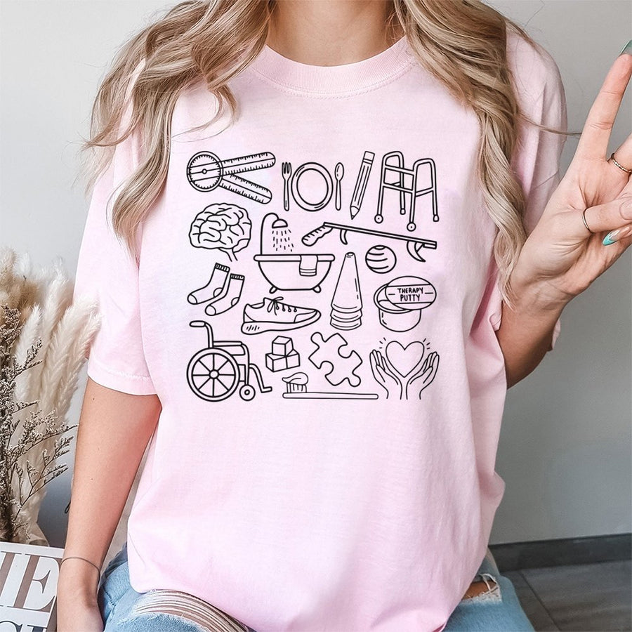 Occupational Therapy T-Shirt | OT Doodle Icons Graphic Print | 100% Soft Cotton Tee | Perfect Gift for OT Students and Occupational Therapists