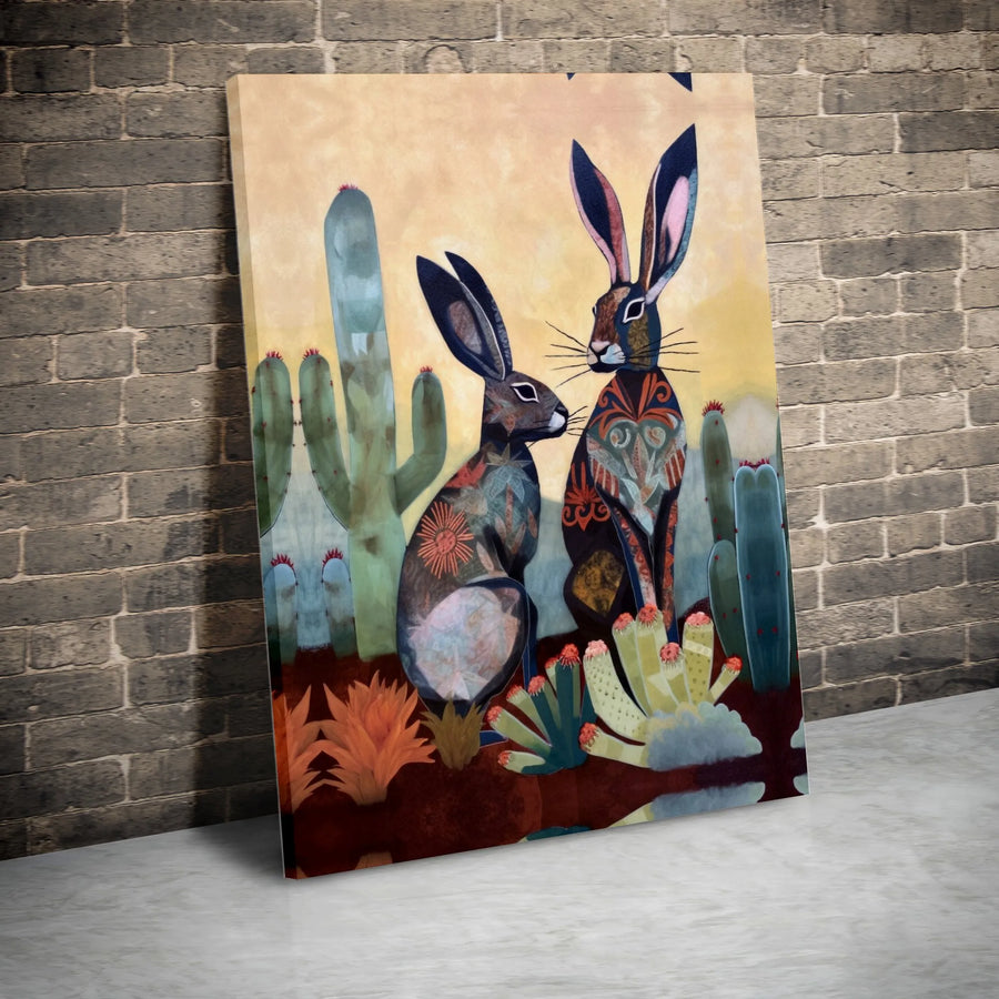 Desert Rabbit Canvas Wall Art | Folk Art Patterned Hares in Cactus Garden | Premium Gallery-Wrapped Print | Southwest Home Decor Gift