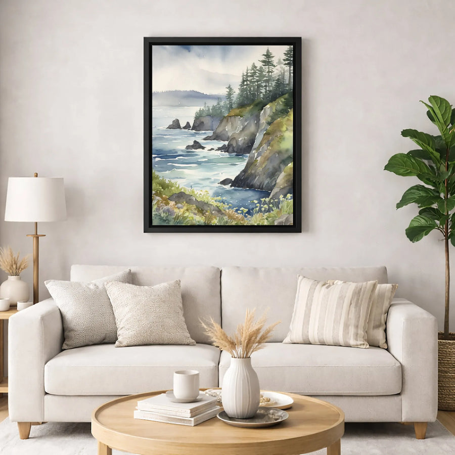 Coastal Landscape Wall Art | Watercolor Rocky Shore with Pine Trees | Premium Gallery-Wrapped Canvas | Serene Nature Home Decor Gift