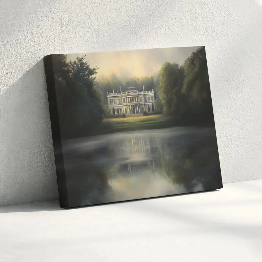 Stately Manor Landscape Canvas Art | Mist Covered Lake Estate Reflection | Premium Gallery Wrapped Wall Decor | Elegant Home Office Gift