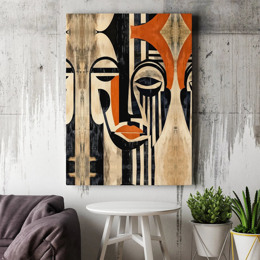 Modern Tribal Faces Canvas Print | Abstract Geometric Portrait Art | Premium Gallery Wrapped Canvas | Modern Home & Office Decor Gift