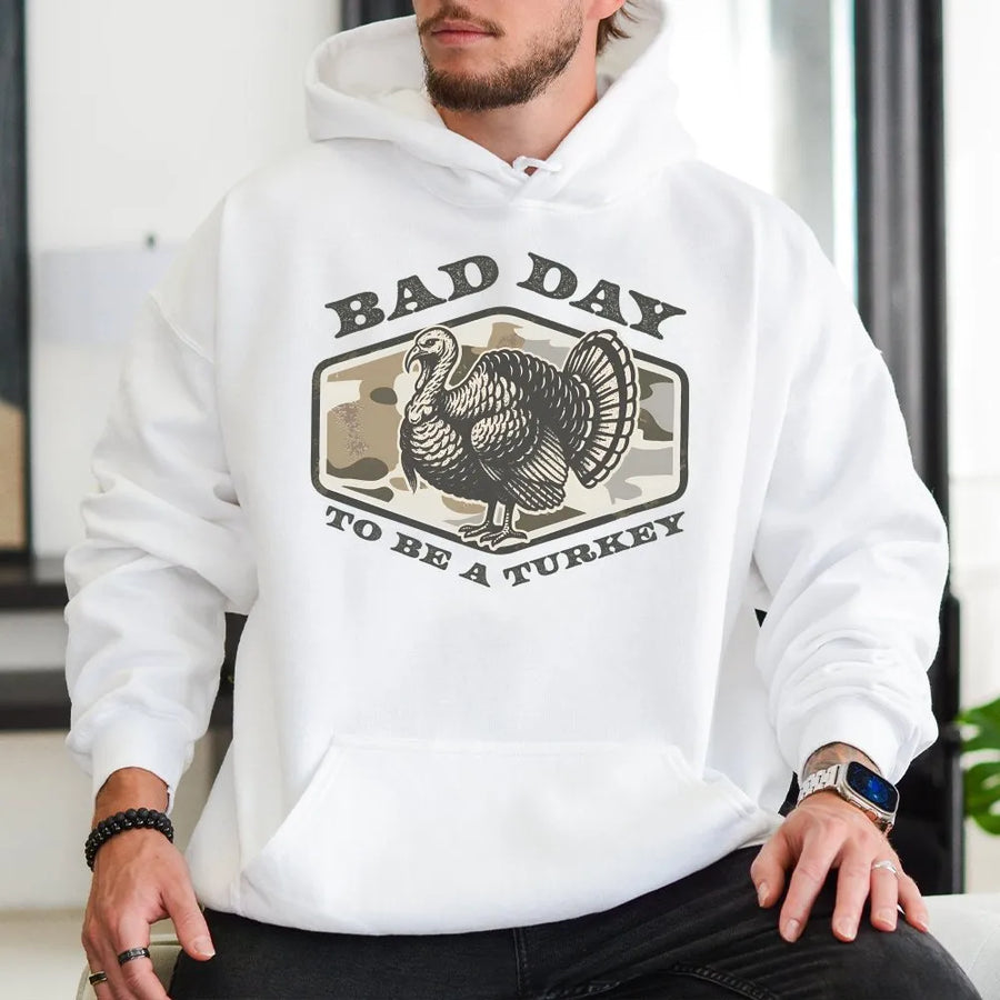Turkey Hunting Hoodie | Funny 'Bad Day To Be A Turkey' Camo Graphic | Premium Cotton Blend | Gift for Hunter & Outdoorsman