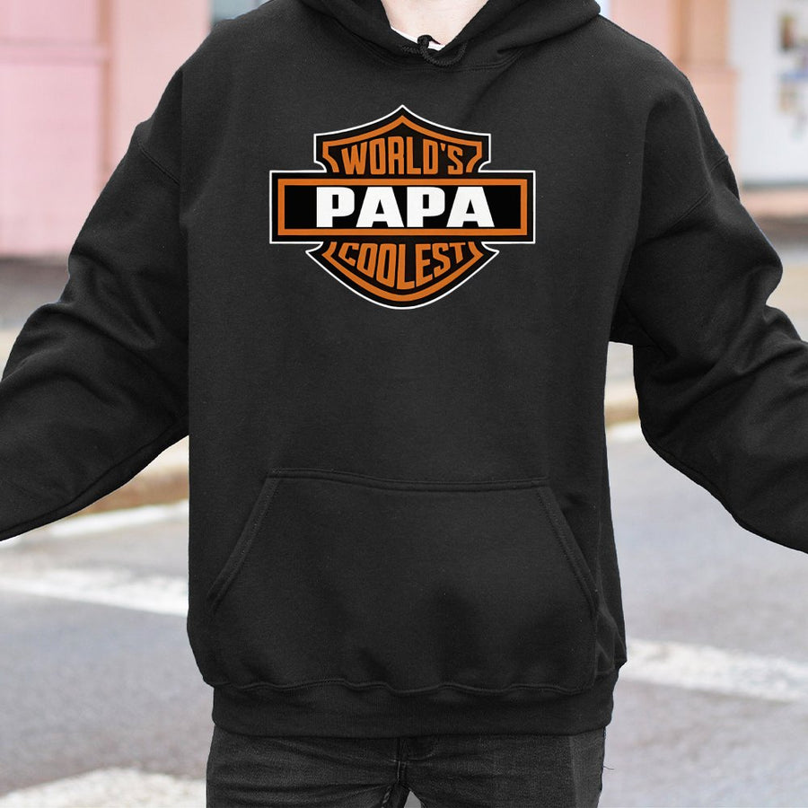 Worlds Coolest Papa Hoodie | Motorcycle Club Shield Design | Cotton-Poly Blend | Father's Day 2026 Gift Idea For Grandpas And Dads