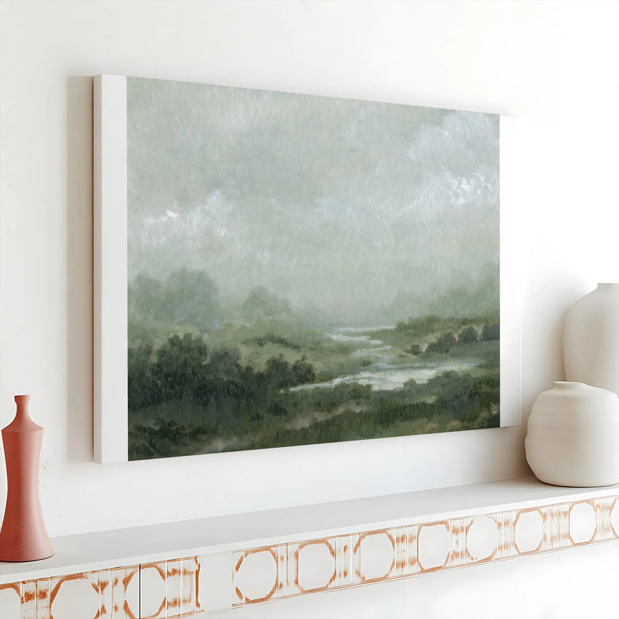 Misty River Landscape Canvas Print | Moody Green Tonalist Art | Premium Gallery Wrapped Canvas | Modern Farmhouse Wall Decor Gift