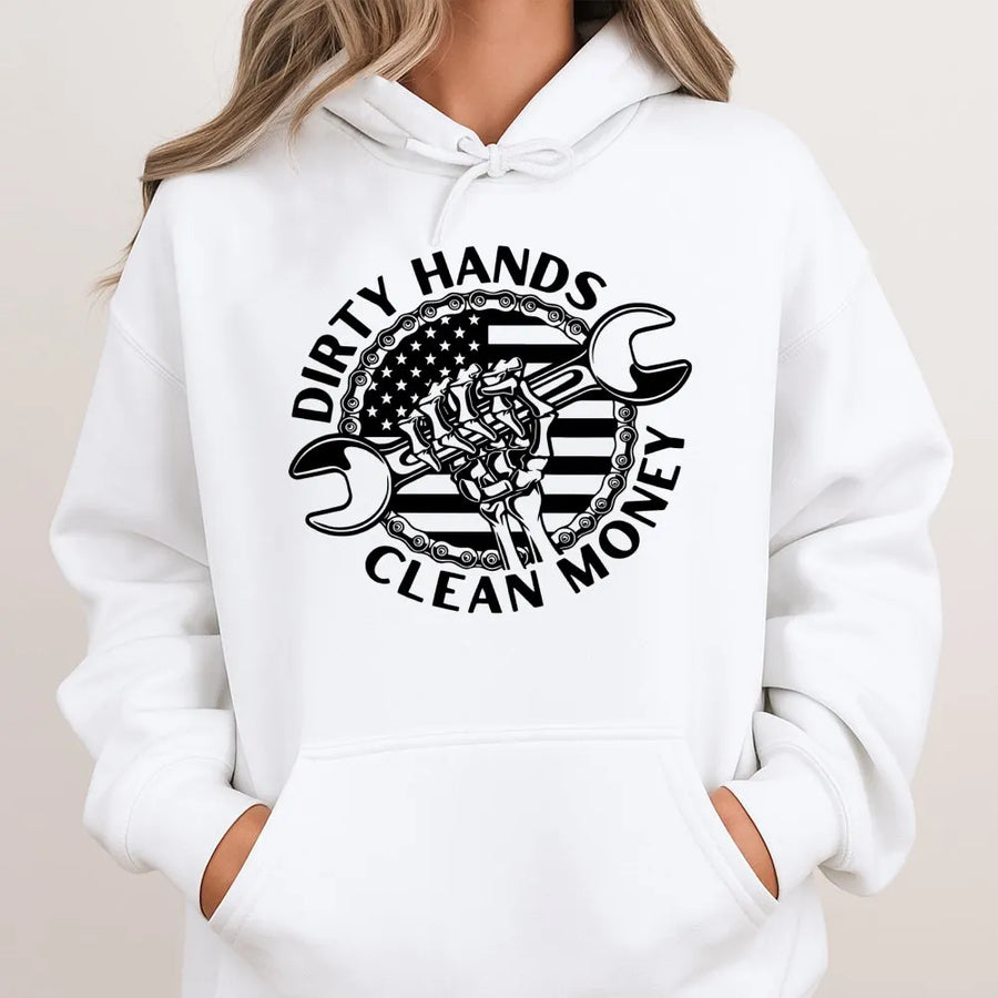 Dirty Hands Clean Money Hoodie | Patriotic Mechanic Tool Graphic | Premium Cotton Blend | Gift For Car Enthusiasts & Blue Collar Workers