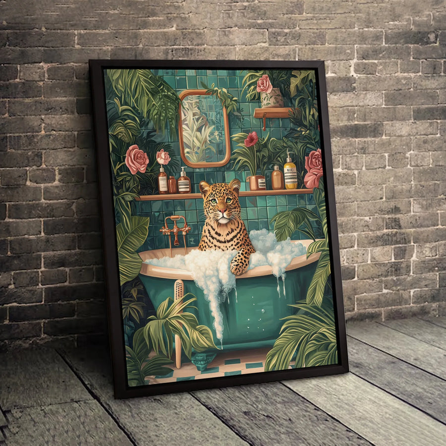 Leopard Bathroom Wall Art | Tropical Jungle Animal Bubble Bath Canvas | Premium Gallery Wrapped Decor | Whimsical Animal Portrait For Home