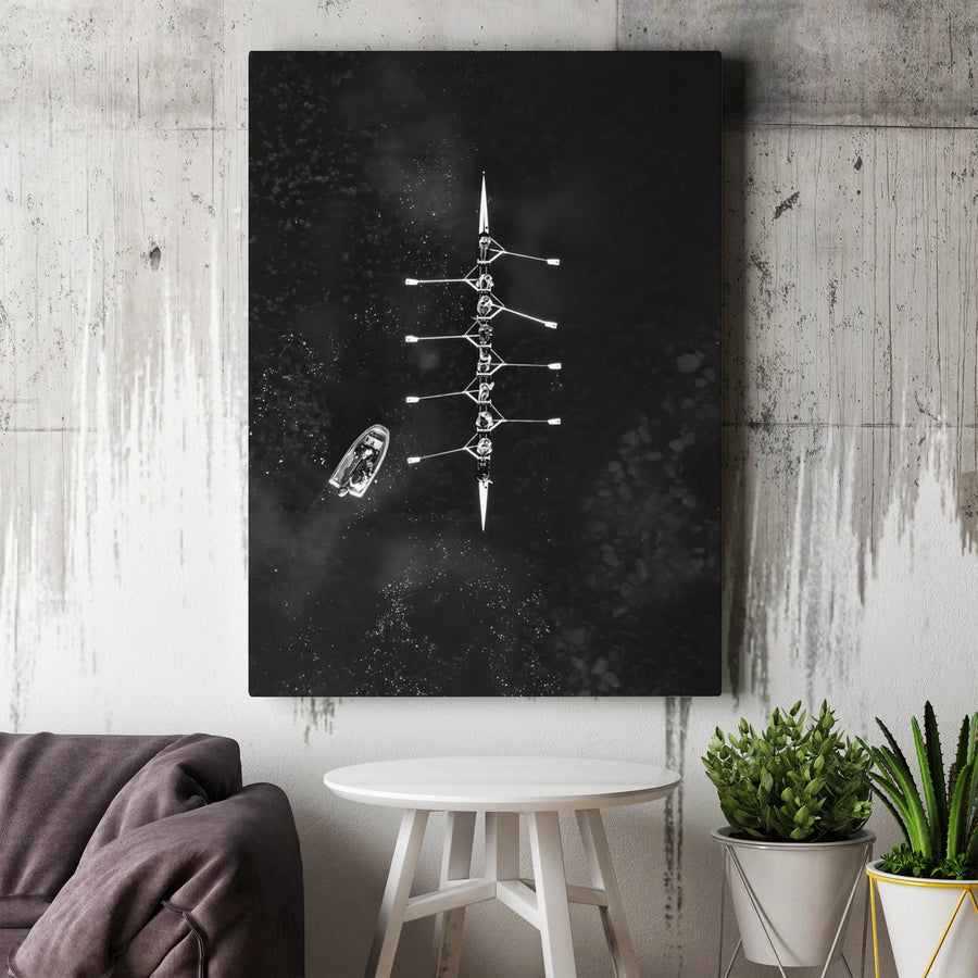 Rowing Crew Canvas Print | Aerial Eight-Oared Shell Photography | Premium Gallery-Wrapped Wall Art | Modern Sports Gift for Rower
