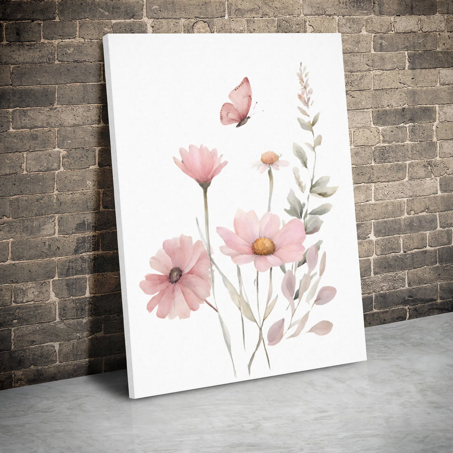 Watercolor Pink Wildflowers Canvas Wall Art | Soft Floral Botanical Print | Premium 1.25-inch Gallery Wrap | Modern Farmhouse Living Room Decor