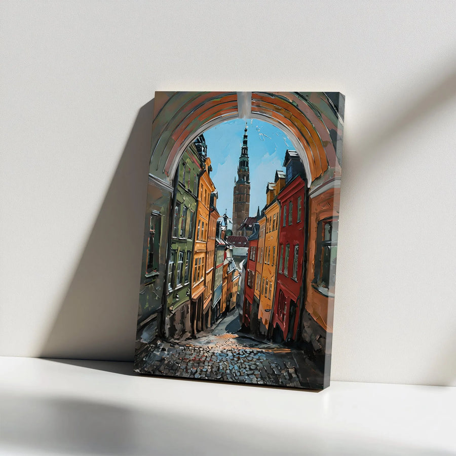 European Old Town Street Canvas | Cobblestone Alley With Clock Tower | Premium Gallery Wrap Print | Artistic Travel Home Decor Gift