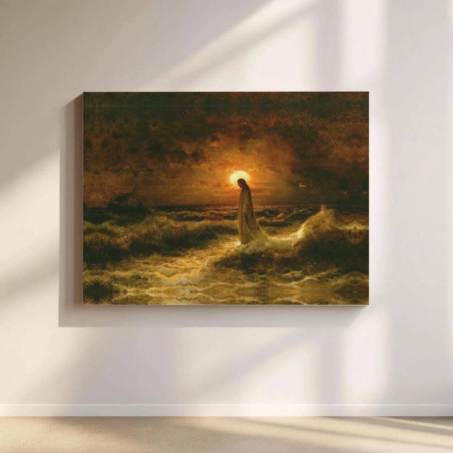 Jesus Walking On Water Canvas | Moody Stormy Sea Religious Art | Premium Gallery Wrap Print | Faithful Home Decor Gift