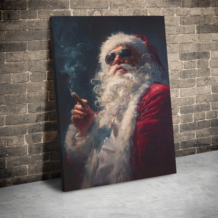Cool Santa Claus Canvas Wall Art | Smoking Cigar with Sunglasses | Premium Gallery Wrap Decor | Unique Christmas Gift for Him