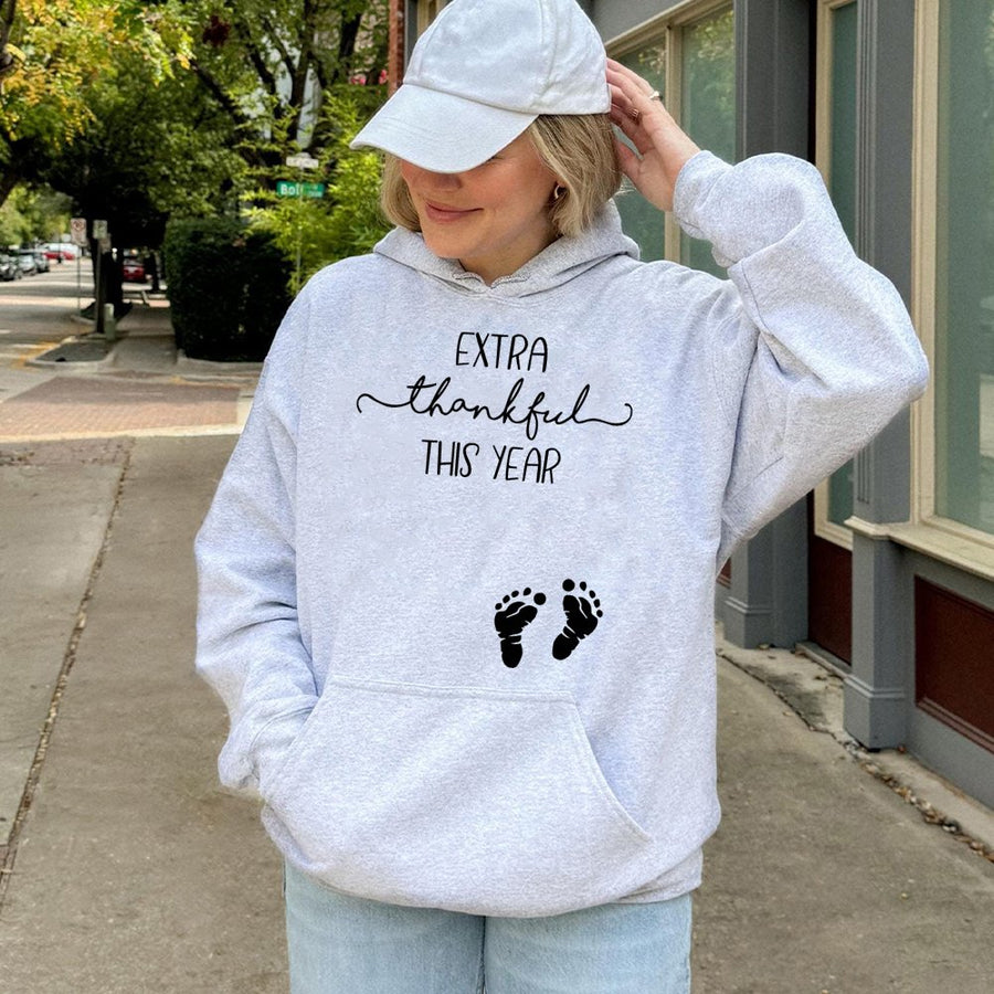 Extra Thankful This Year Hoodie | Baby Footprints Pregnancy Announcement | Premium Cotton Blend | Gift for Expecting Mom Thanksgiving Outfit