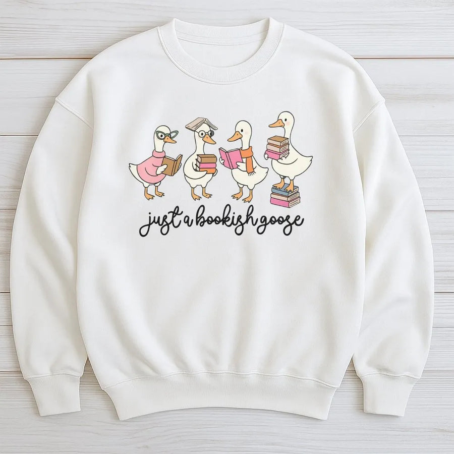Bookish Goose Sweatshirt | Cute Reading Ducks Graphic | Soft Cotton Blend Crewneck | Librarian Teacher Reader Gift