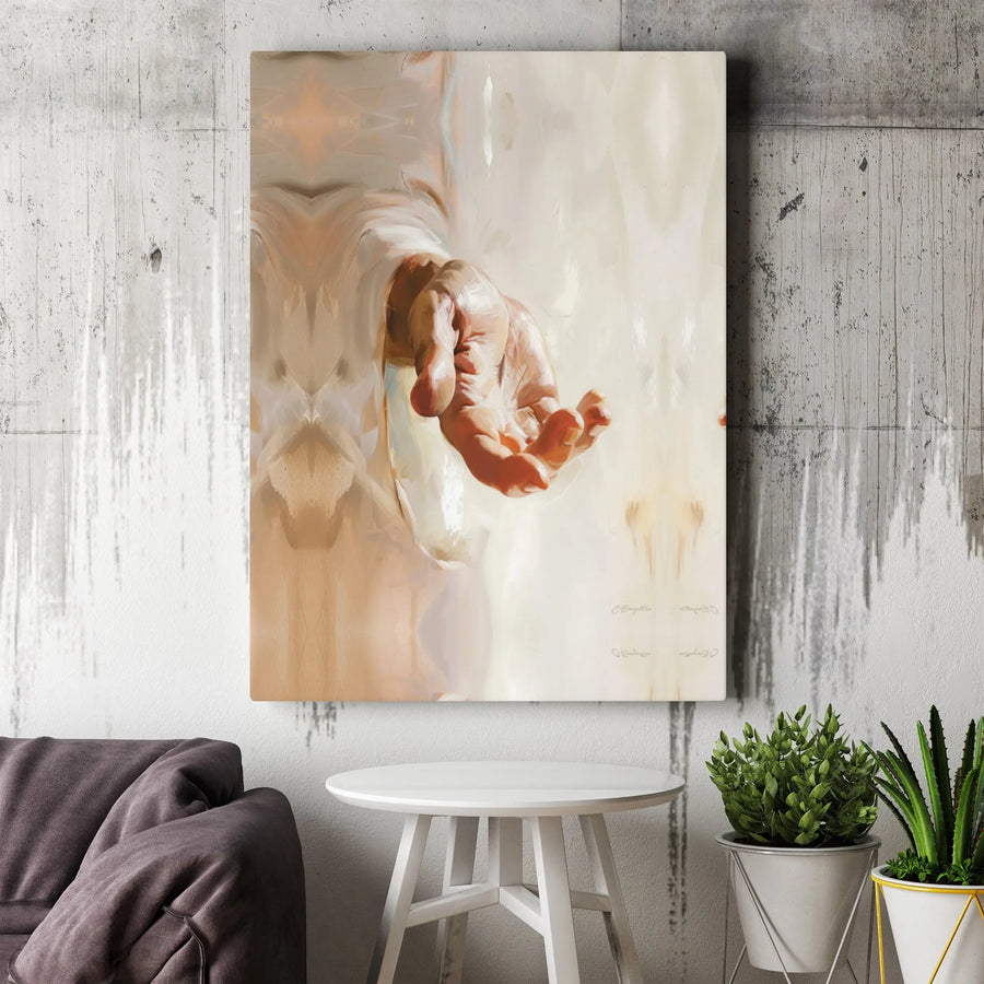 Jesus Hand Canvas Wall Art | Outstretched Hand Religious Painting | Premium Gallery Wrap Print | Christian Home Decor Gift