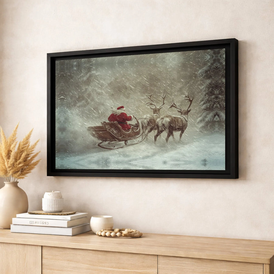 Santa Sleigh Canvas Wall Art | Snowy Reindeer Christmas Scene | Premium Gallery-Wrapped Print | Festive Home Decor Gift