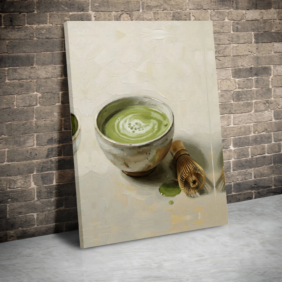 Matcha Tea Canvas Wall Art | Zen Still Life with Bowl and Whisk | Premium Gallery Quality Print | Kitchen Decor Gift for Tea Lovers