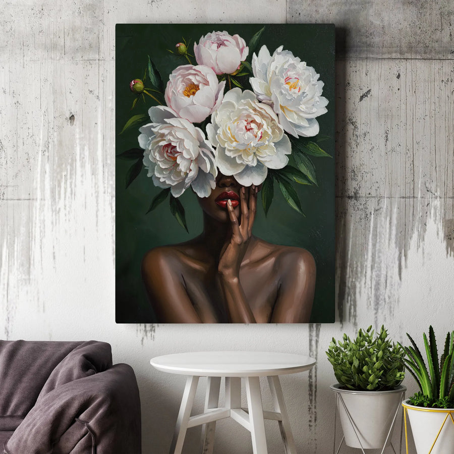 Black Woman Peony Portrait Canvas Art | Botanical Surrealism Wall Decor | Premium 1.25" Gallery Wrap | Modern Home Office Gift