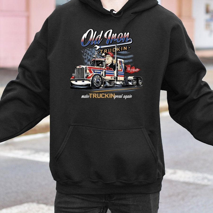 Old Iron Trucker Hoodie | Patriotic Semi Truck Graphic | Premium Cotton Blend | Gift for Truck Drivers and Supporters