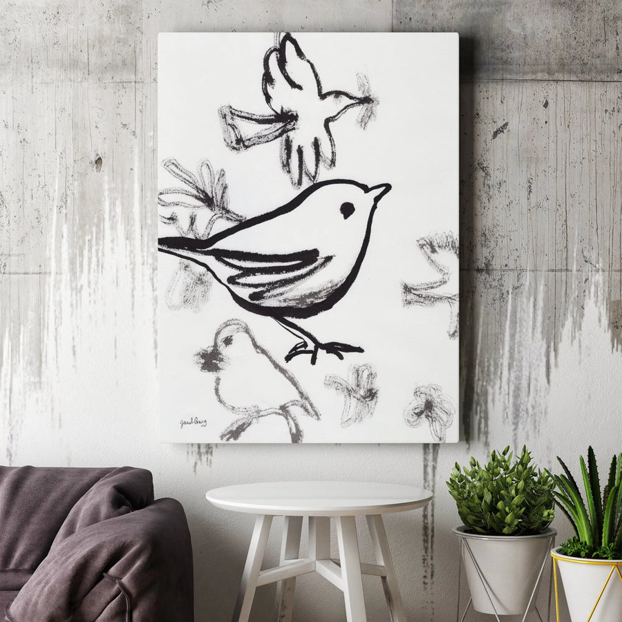 Sumi-e Sparrow Vertical Canvas | Japanese Ink Wash Bird Art | Premium Gallery Wrap Print | Modern Zen Style Home Decor Gift