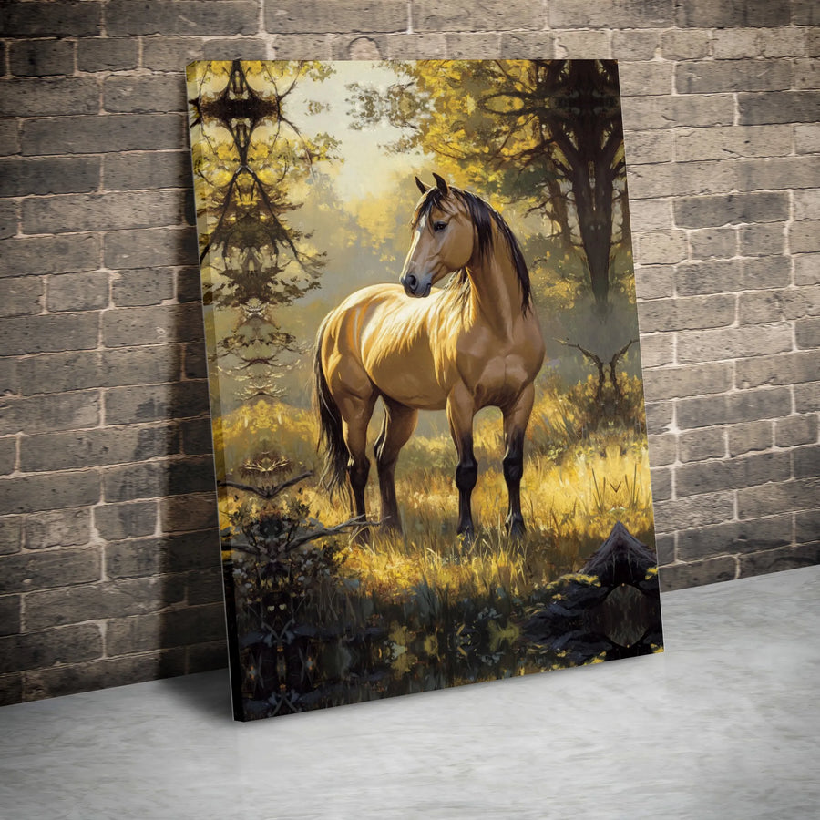 Majestic Horse Canvas Wall Art | Sunlit Autumn Forest Oil Painting Style | Premium Gallery Wrap Decor | Equestrian Home Gift for Nature Lovers