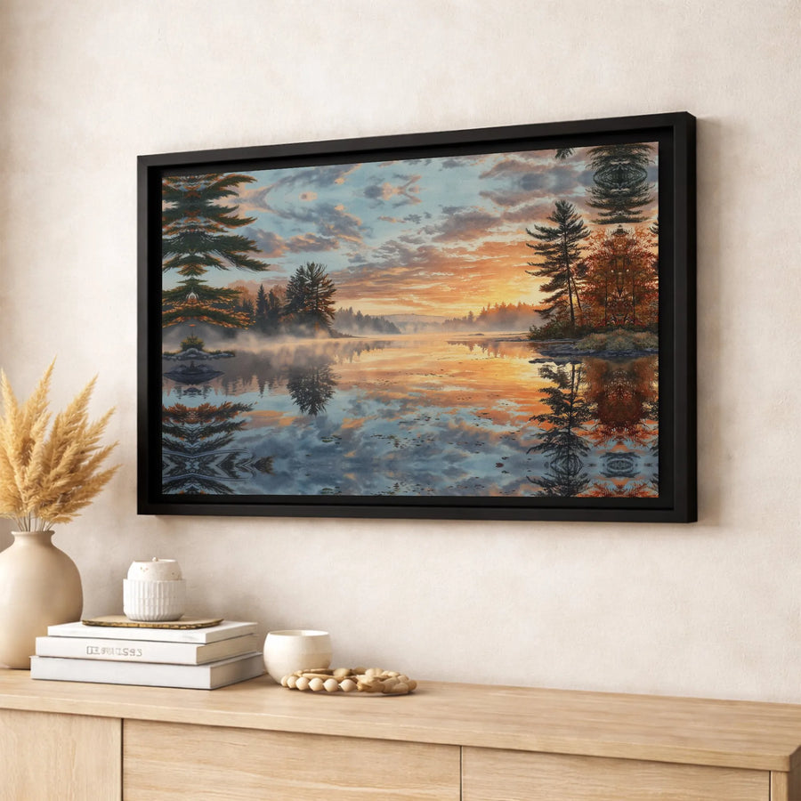 Misty Lake Sunrise Canvas Wall Art | Golden Hour Pine Forest Reflection | Gallery-Quality Decor | Nature Landscape Gift for Home