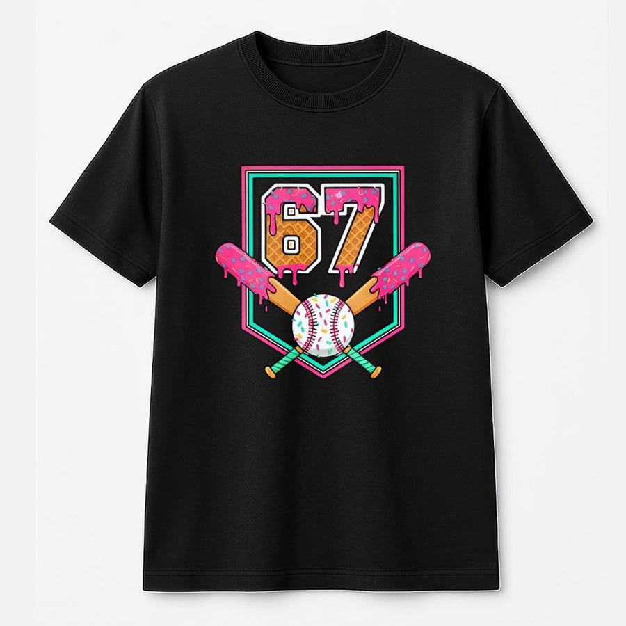 Number 67 Baseball T-Shirt | Ice Cream Drip Sports Graphic | 100% Cotton Premium Tee | Unique Birthday Gift for Baseball Fans