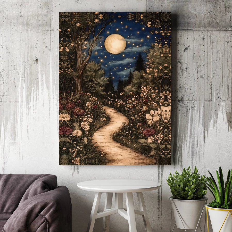 Enchanted Garden Path Canvas | Whimsical Night Forest Moon Wall Art | Premium Gallery Wrap Decor | Magical Nature Landscape Gift