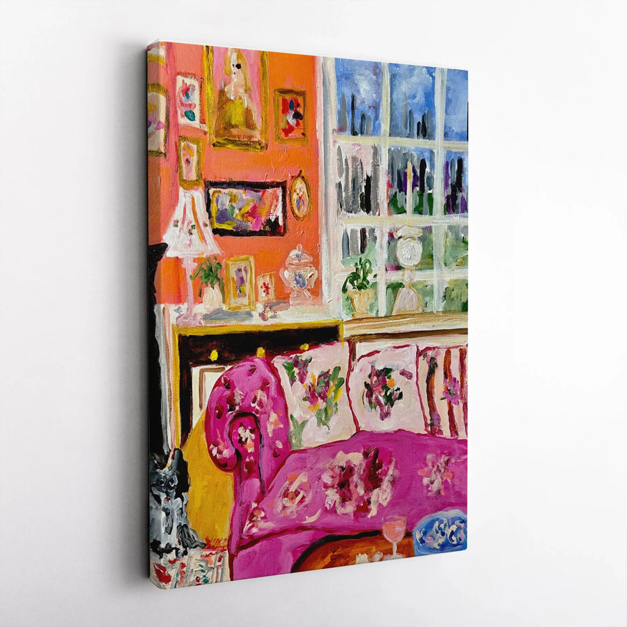 Colorful Living Room Canvas Art | Vibrant Impressionist Painting with Pink Sofa | Premium Thick Gallery Wrap | Eclectic Home & Office Decor Gift