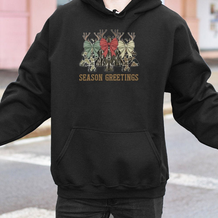Camo Christmas Tree Hoodie | Coquette Bow Holiday Graphic | Premium Cotton Blend | Unisex Seasonal Gift for Hunters and Outdoors Lovers