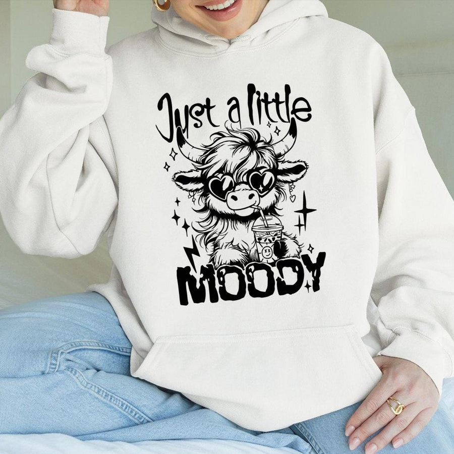 Highland Cow Hoodie | Just A Little Moody Aesthetic Design | Premium Cotton Blend | Funny Farm Animal Gift For Women And Cow Lovers