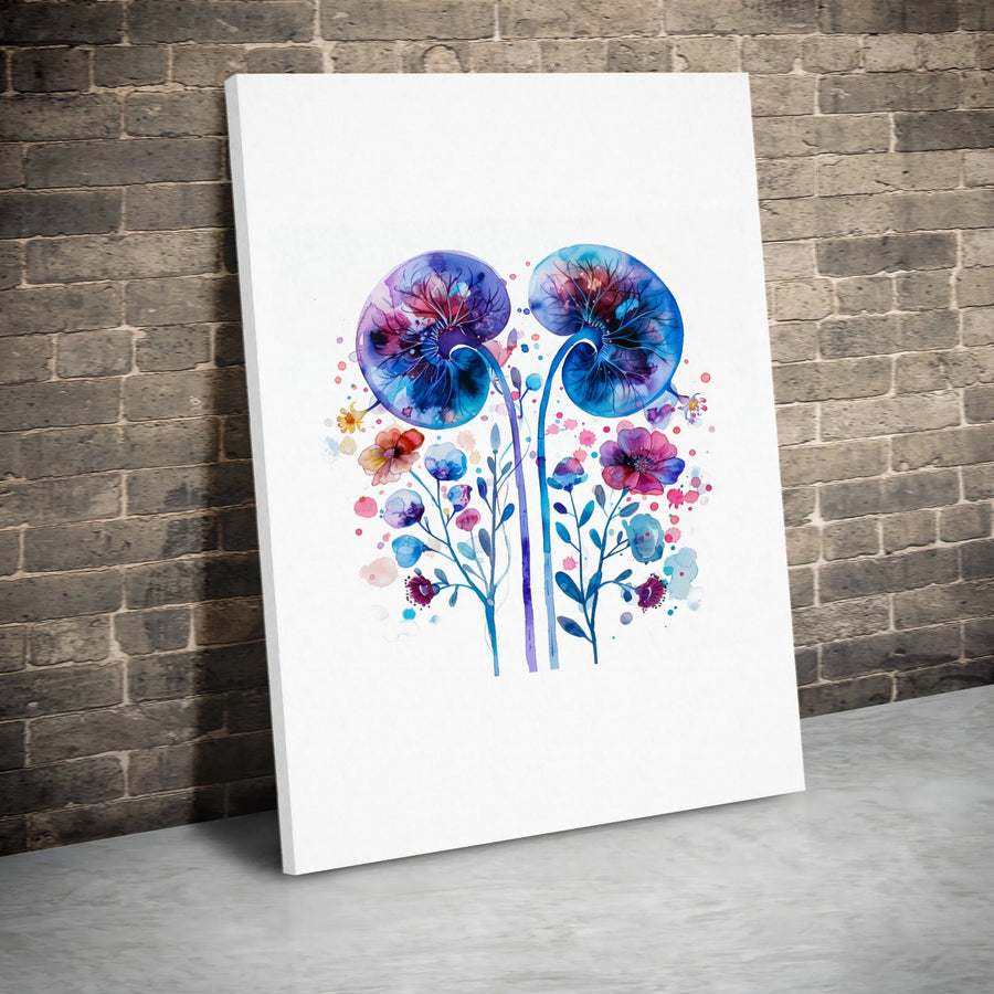 Watercolor Kidneys Anatomy Wall Art | Floral Human Organ Canvas Print | Premium Gallery Wrap Decor | Unique Medical Student or Nephrologist Gift
