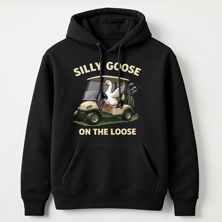 Silly Goose on the Loose Hoodie | Funny Goose Driving Golf Cart Graphic | Soft Cotton Blend | Unique Gift for Golfer