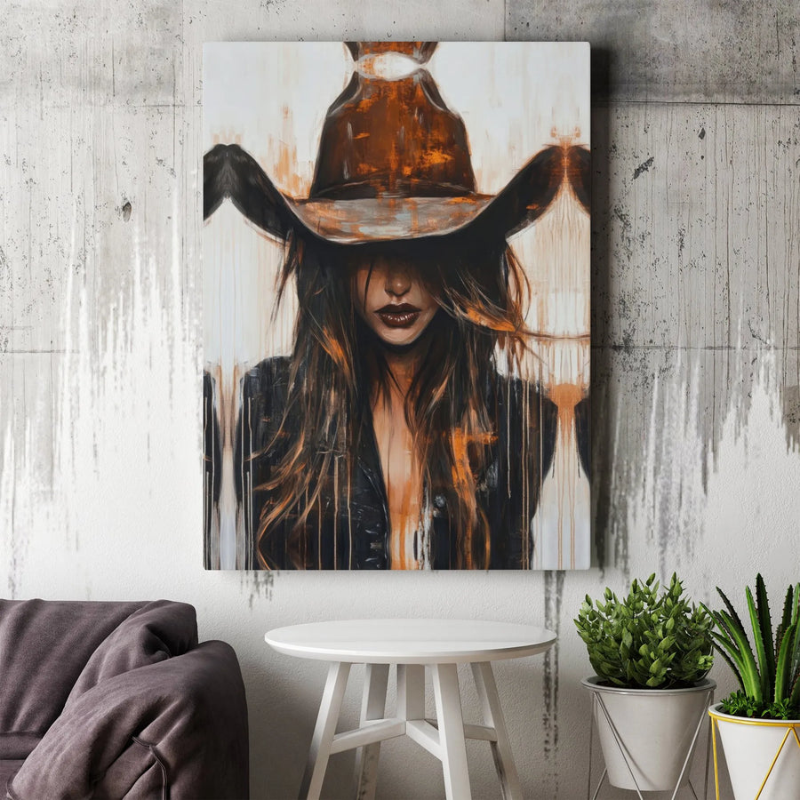 Cowgirl Abstract Canvas Wall Art | Western Portrait with Cowboy Hat | Gallery Wrapped Premium Print | Modern Farmhouse Home Decor Gift