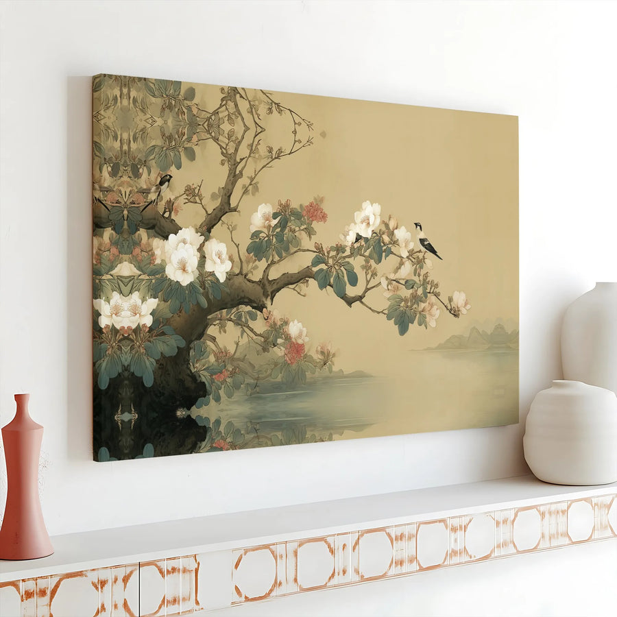 Chinoiserie Wall Art Canvas | Japanese Style Magnolia & Bird Painting | Premium Gallery Quality Print | Elegant Zen Living Room Decor Gift