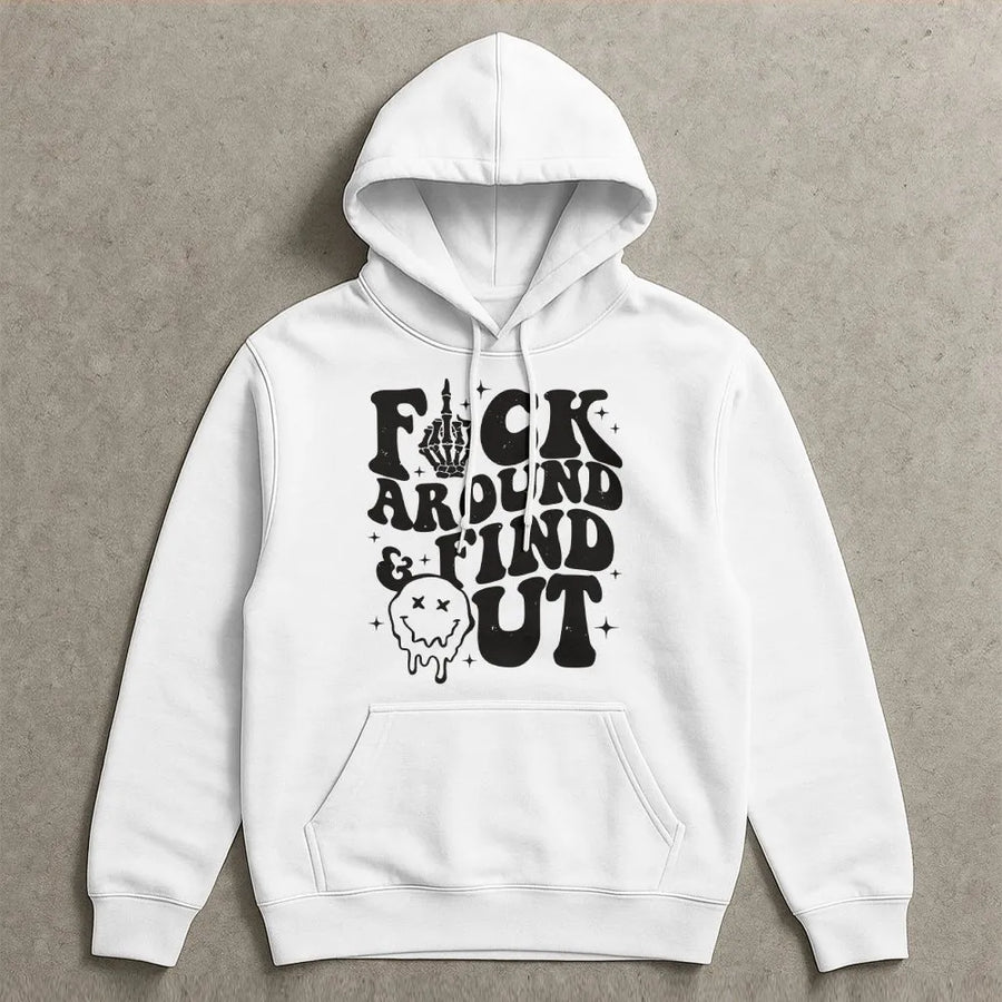 Fuck Around and Find Out Hoodie | Retro Skeleton Hand Graphic | Soft Cotton Blend | Sarcastic Unisex Gift