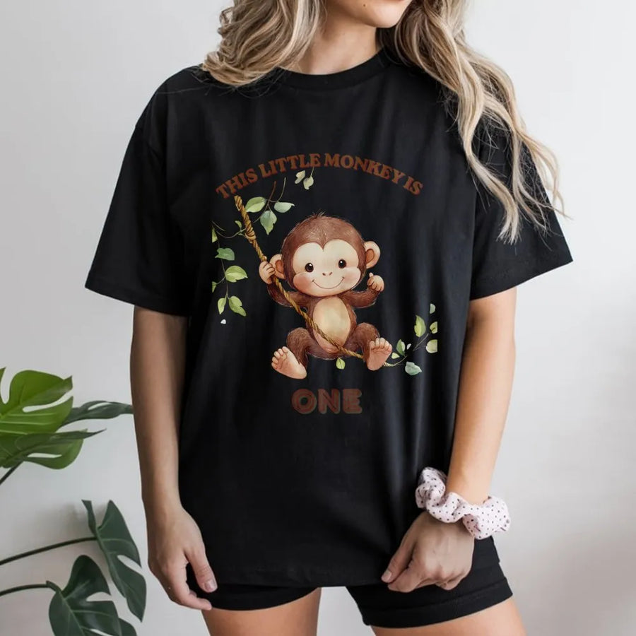 Monkey 1st Birthday T-Shirt | This Little Monkey Is One Graphic | Soft Cotton Blend Pullover | Mom's First Birthday Party Gift