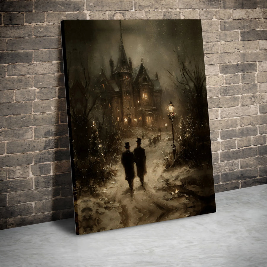 Victorian Mansion Canvas Print | Gothic Snowy Christmas Night Decor | Premium 1.25 Gallery Wrap | Atmospheric Holiday Wall Art for Home