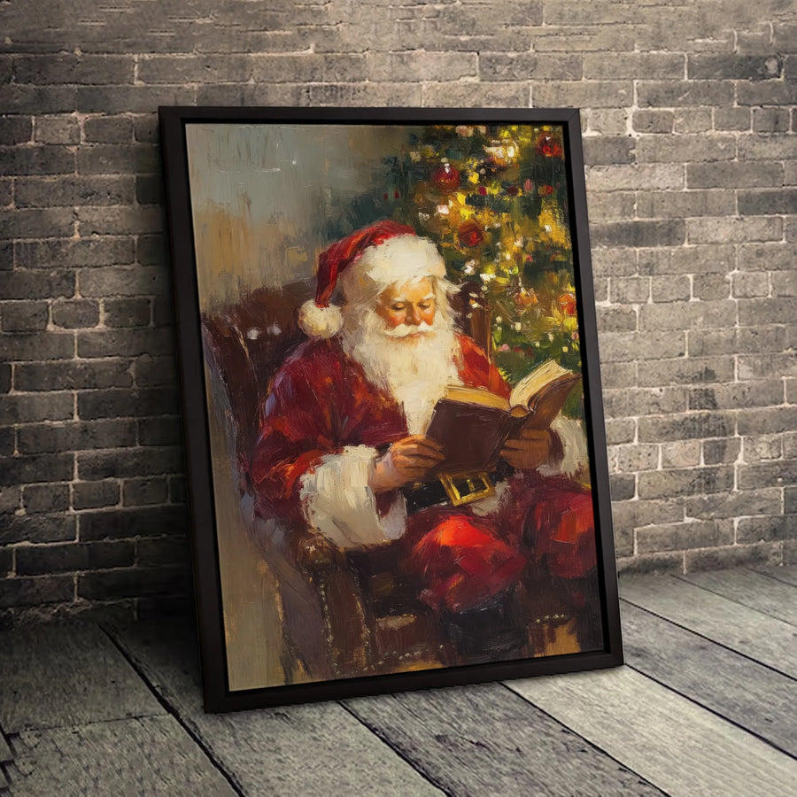 Santa Claus Canvas Wall Art | Oil Painting Style Reading by Christmas Tree | Gallery Quality 1.25” Thick Print | Festive Holiday Home Decor Gift