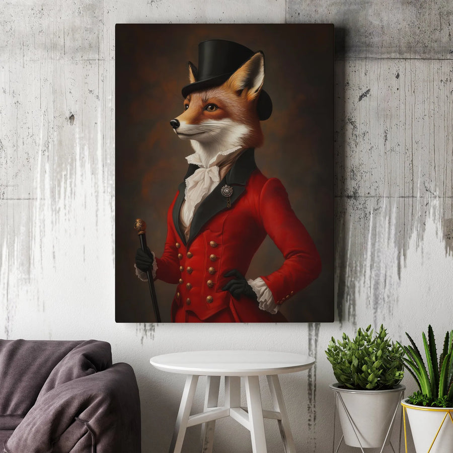 Victorian Fox Wall Art | Gentleman Fox in Red Coat Portrait | Gallery Quality 1.25 Inch Thick Canvas | Eccentric Home Office Decor Gift