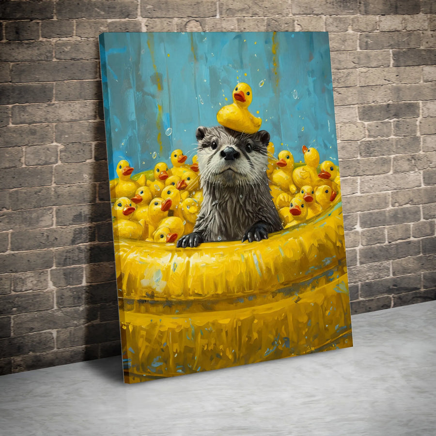 Otter In Bathtub With Rubber Ducks Canvas Wall Art | Whimsical Animal Portrait | Premium Gallery Wrap | Nursery And Bathroom Decor Gift