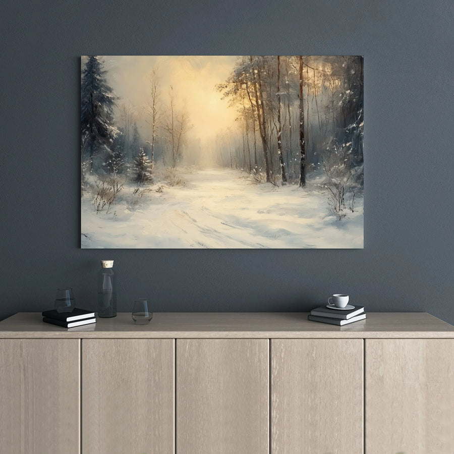 Winter Forest Canvas Wall Art | Snowy Path Sunrise Landscape Painting | Premium 1.25-inch Gallery Wrap | Serene Nature Decor for Living Room