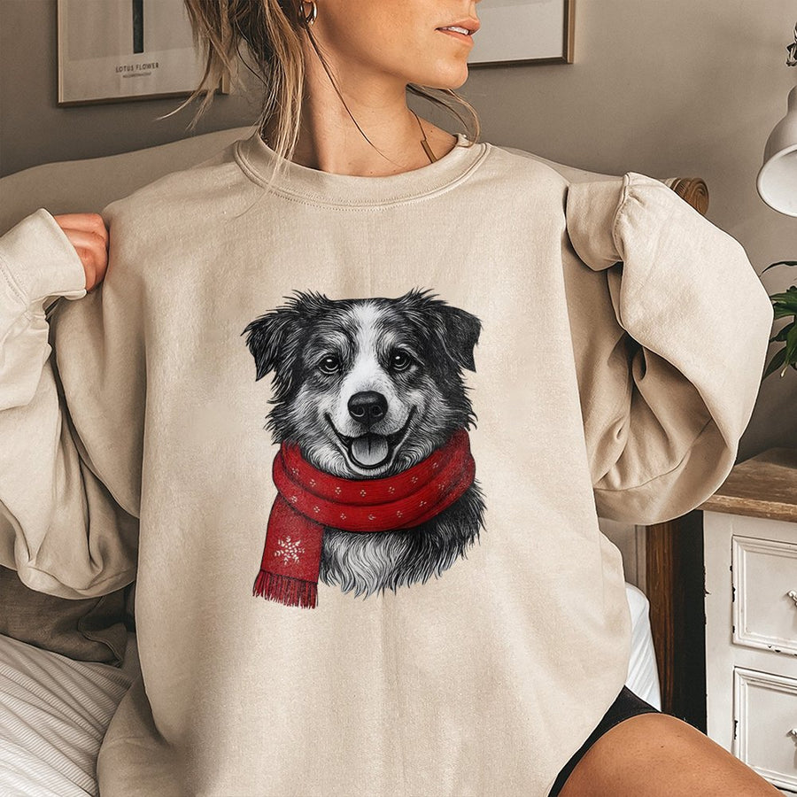 Border Collie Christmas Sweatshirt | Cute Dog In Red Scarf Graphic | Premium Cotton Blend Crewneck | Holiday Gift For Dog Lovers