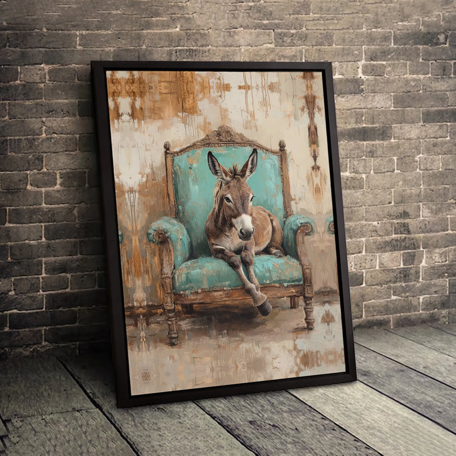 Donkey Wall Art | Whimsical Animal Portrait on Vintage Teal Chair | Premium Gallery Canvas | Farmhouse Home Decor & Unique Gift