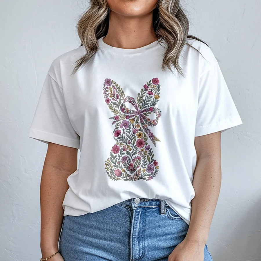 Floral Easter Bunny T-Shirt | Botanical Rabbit Graphic Tee | Premium 100% Cotton Soft Shirt | Spring Festival Gift for Women & Girls