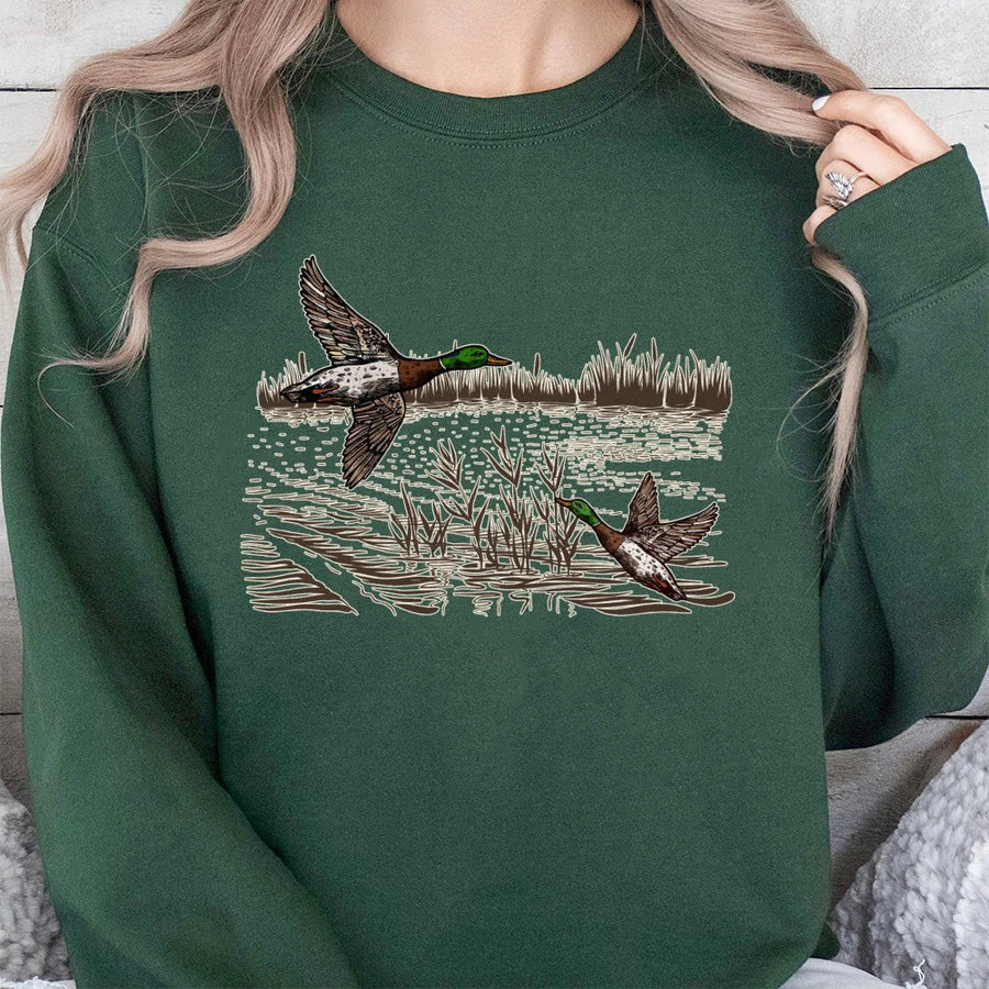 Duck Hunting Sweatshirt | Vintage Mallard Flying Wildlife Print | Cotton Blend Crewneck | Outdoorsman Nature Lover Gift
