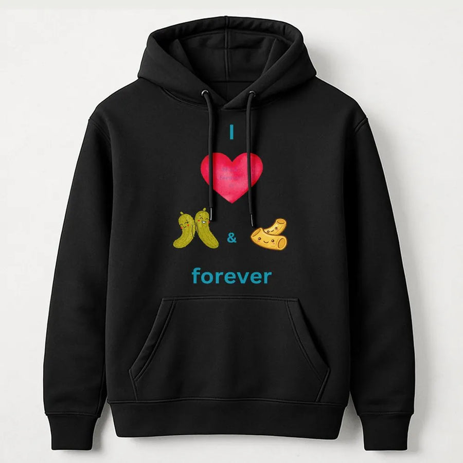Pickle and Macaroni Lover Hoodie | Cute Cartoon Food Graphic Design | Cotton Blend Premium Sweatshirt | Funny Gift for Foodies