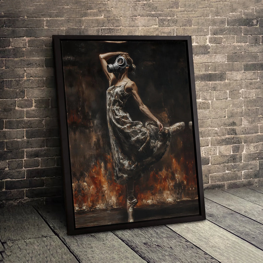 Dystopian Ballerina Wall Art | Surreal Gas Mask Dancer in Fire Print | Premium 1.25" Gallery Wrapped Canvas | Moody Gothic Home Decor